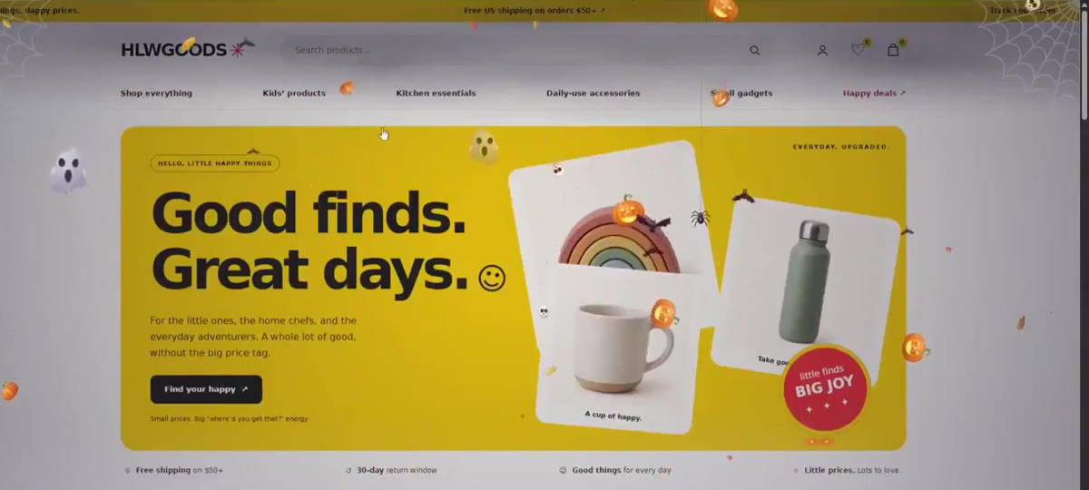A WooCommerce store homepage with Halloween WT running: a soft dark vignette, cobwebs in the corners, glowing pumpkins, ghosts and bats drifting over the page while the content stays readable.